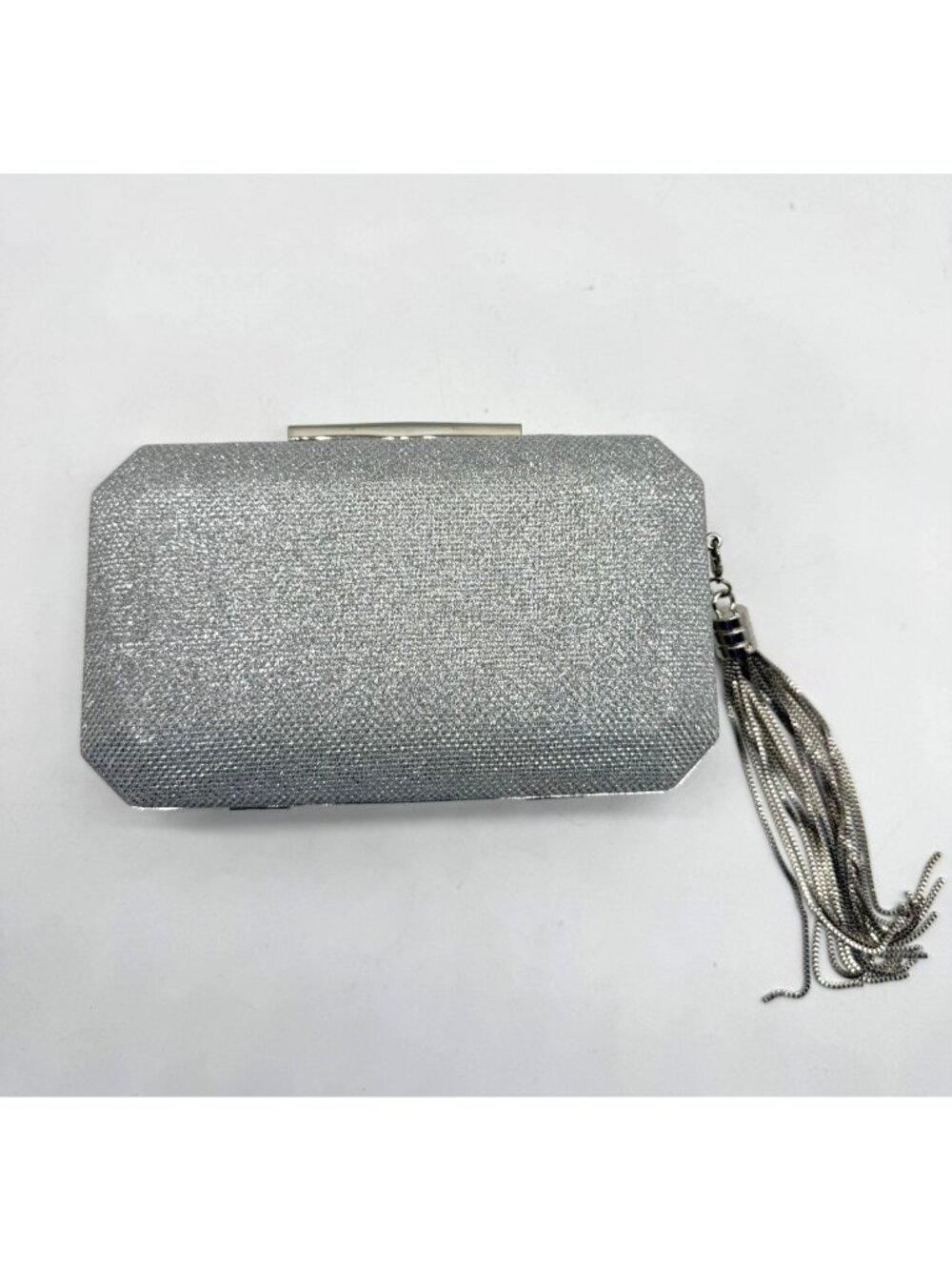 NINA geometric minaudiere side tassel women's box clutch evening purse in Silver - Picture 3 of 5